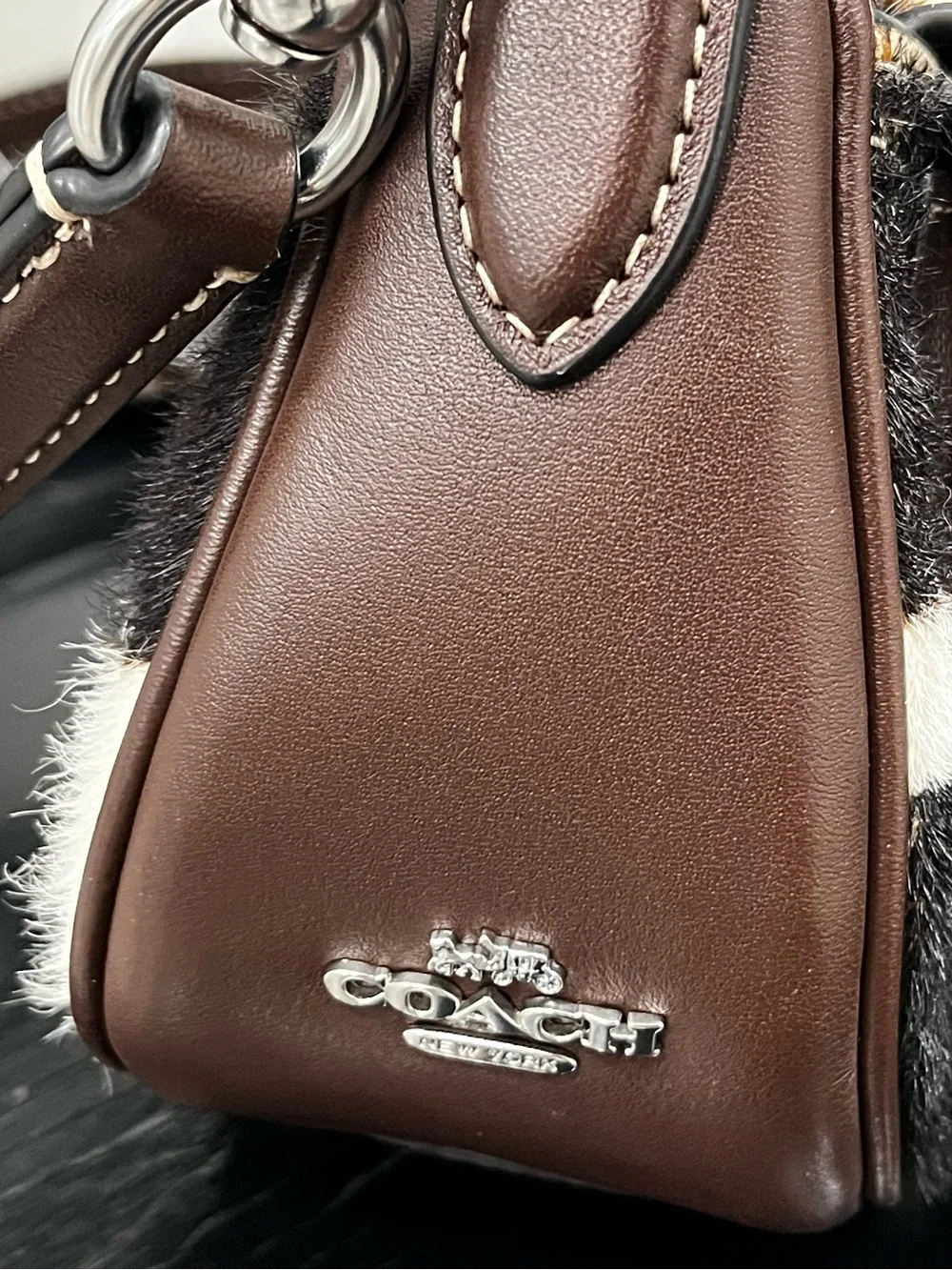 Cowhide Ashton Patch Leather Crossbody Bag in Brown and White - Picture 3 of 12
